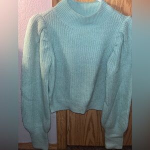 Pastel Ice Blue Puff Long Sleeve Slightly Cropped Cozy Knit Sweater Feminine 80s